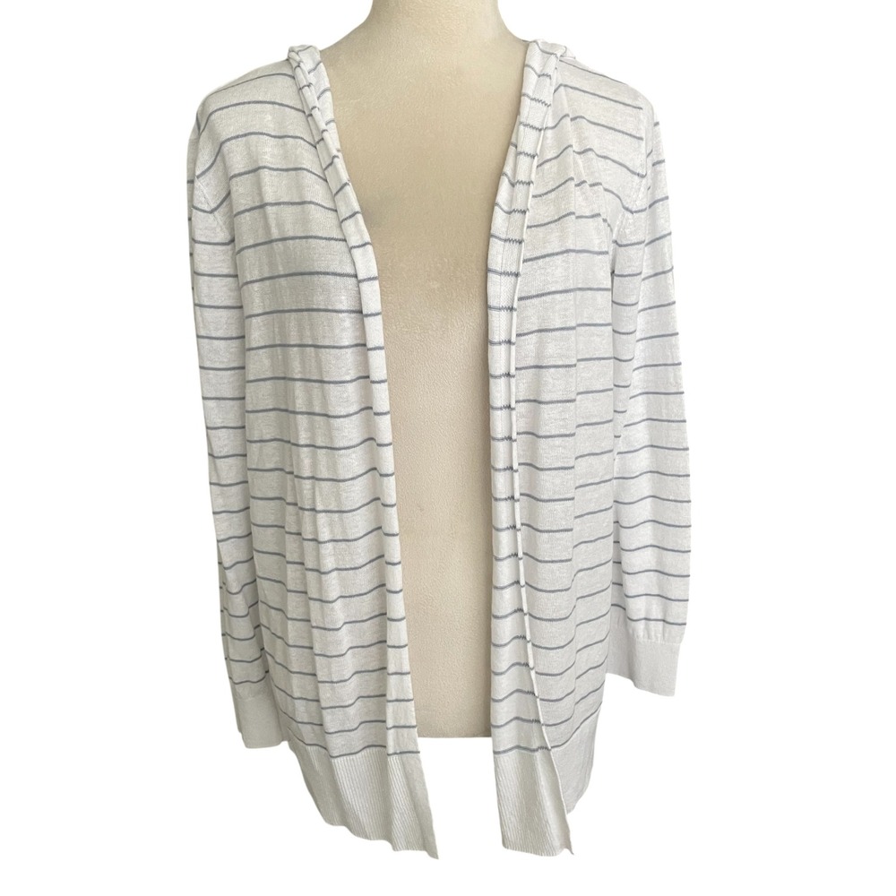 Cynthia Rowley Stripes Linen Blend Hoodie Open Front Cardigan Womens L Preppy